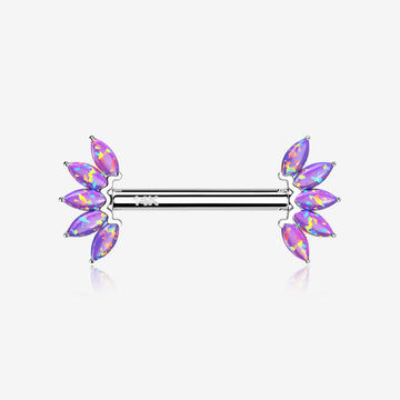 A Pair of 14 Karat White Gold OneFit Threadless Marquise Fire Opal Floral Nipple Barbell-Purple Opal